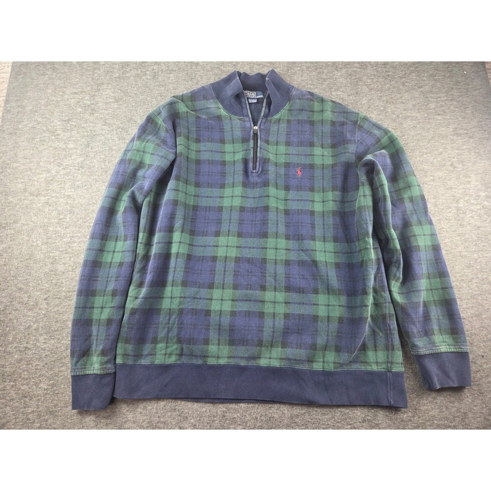 Polo Ralph Lauren Pullover Men XL Blue Green VTG 90s Plaid 1/4 Zip Sweater pony